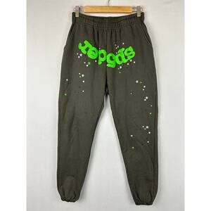 Sp5der Jogger Sweatpants Black Elastic Tie Waist Green Logo Men's Size M